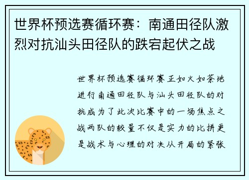 世界杯预选赛循环赛：南通田径队激烈对抗汕头田径队的跌宕起伏之战